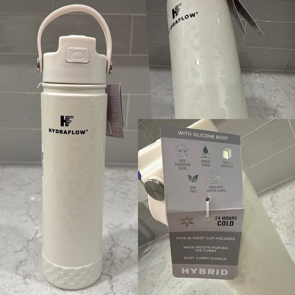 Hydraflow Hybrid Copper Lined Tall Narrow Steel White Cheetah Water Bottle 25oz